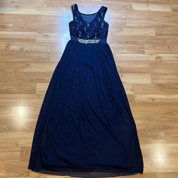 BCX Navy Blue Formal Dress Cut Out Mesh Accents Size 7 - Picture 1 of 11